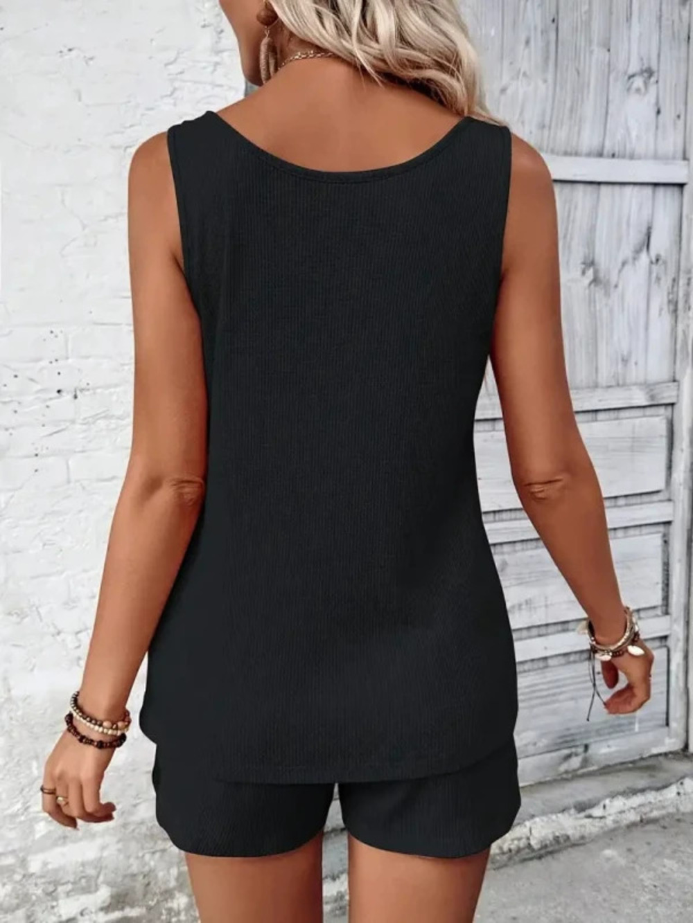 H&M Womens Summer Casual Solid Waffle Knit Tank Shorts Two Piece Set